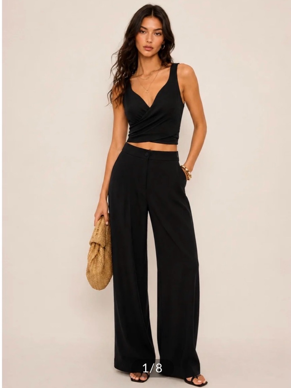 Commense Linen Blend Set Black High-Waist Wide-Leg Pants & Tie Back Top Size 6/M